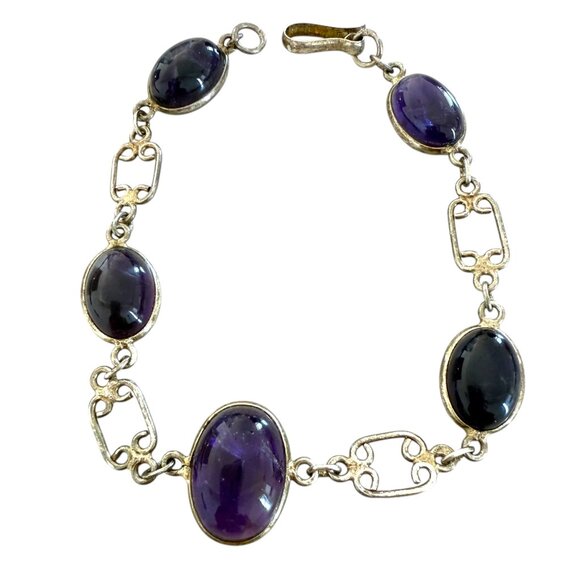 Sterling Silver Bezeled Amethyst cabochon Ovals Handmade 8" Bracelet - Picture 1 of 7